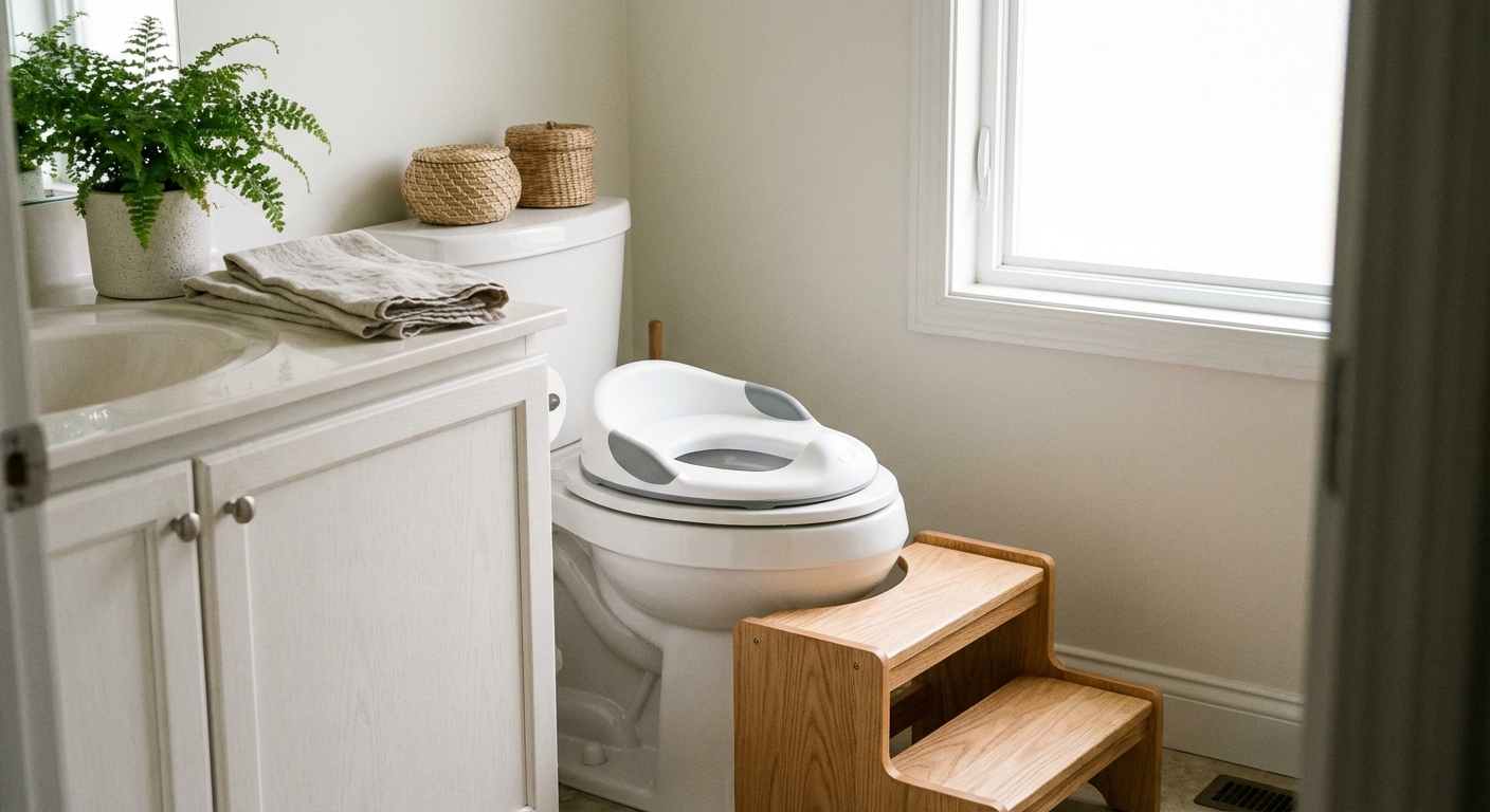 A clean bathroom with a toddler toilet seat insert resting on a standard toilet and a wooden step stool in front, soft natural light, tidy home photo