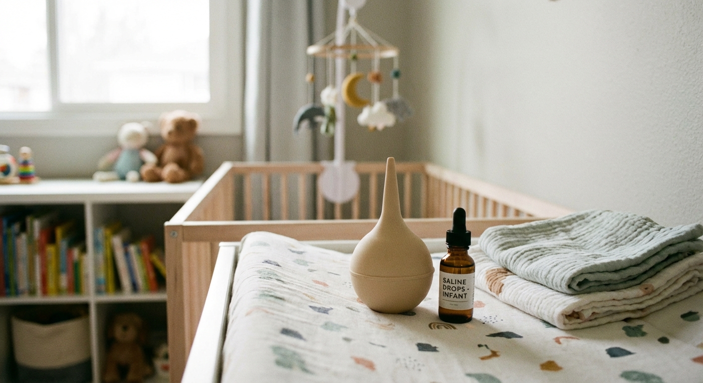 A clean rubber bulb syringe on a changing table next to a small bottle of saline drops in a tidy nursery