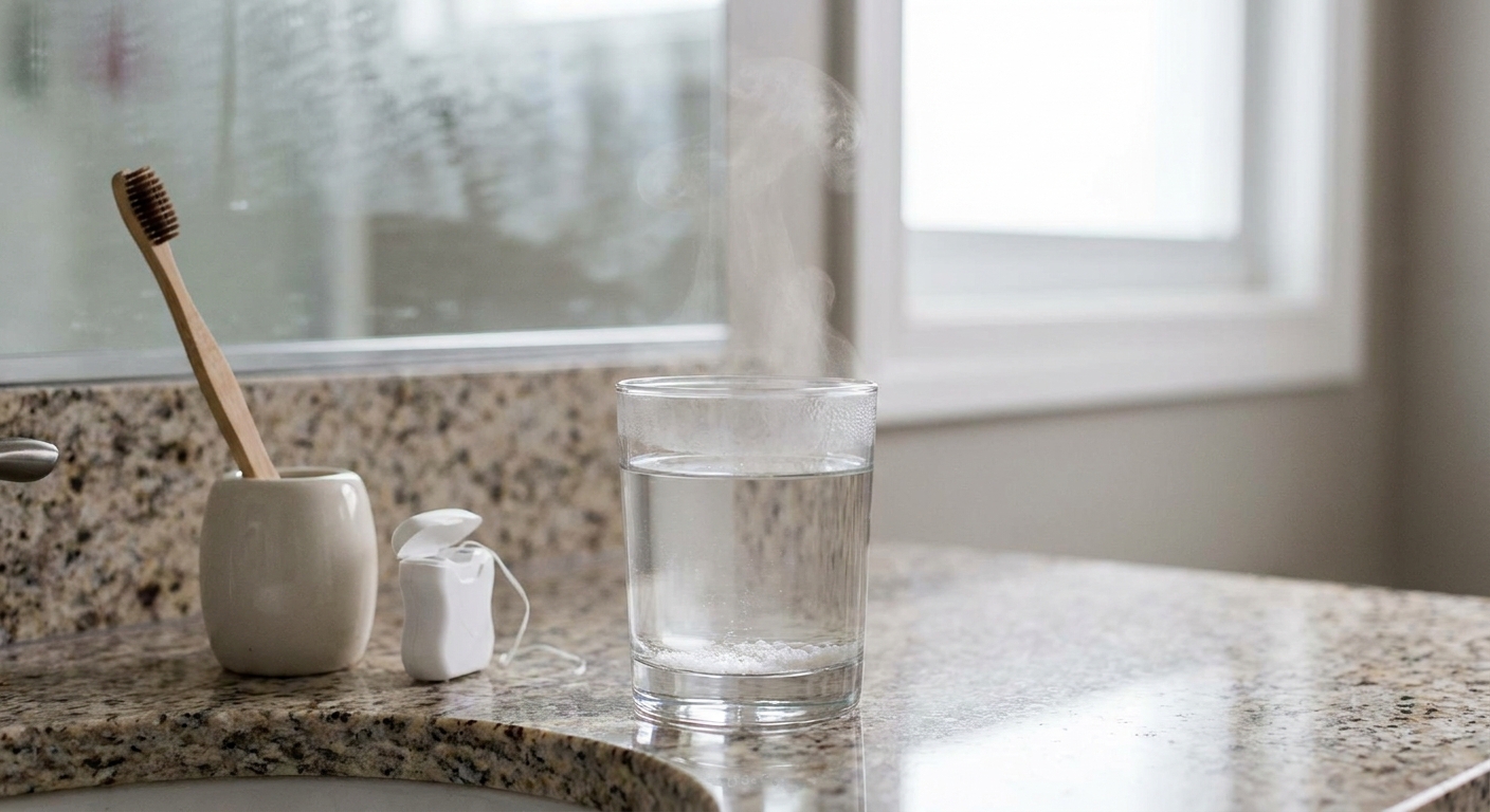 A clear cup of warm salt water on a bathroom counter next to a toothbrush and floss, realistic photo