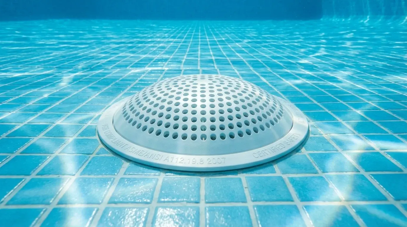 A clear underwater photo of a swimming pool floor showing an intact, securely fastened drain cover with no cracks, taken in bright daylight