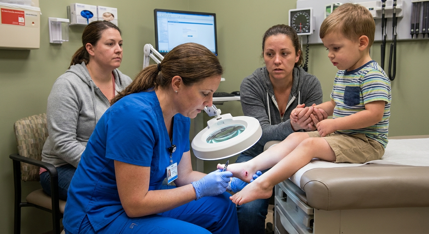 A clinician examining a child’s foot puncture wound in an urgent care room with a parent nearby, realistic photo