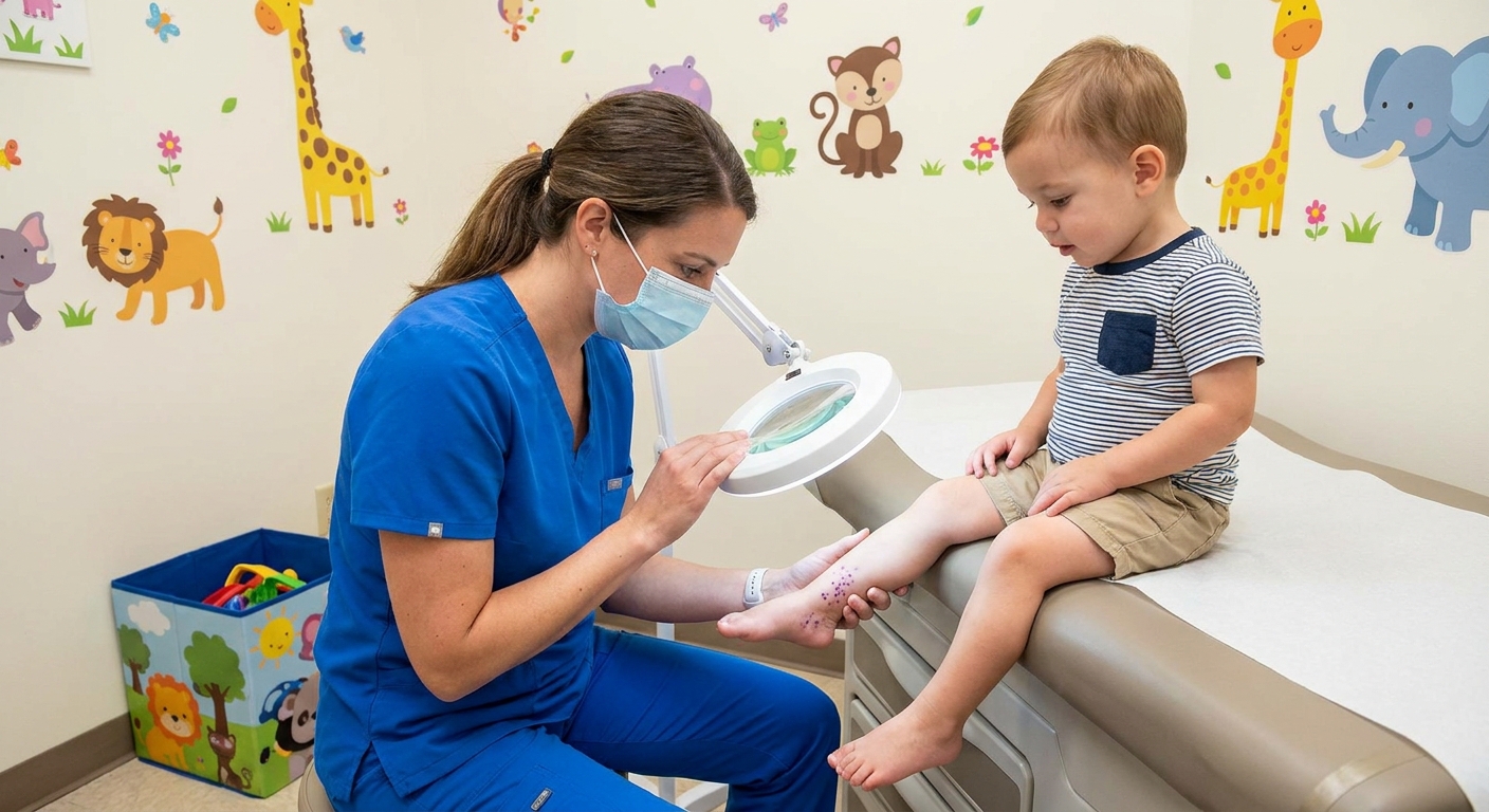 A clinician examining a purple spotty rash near a child’s ankle in a pediatric exam room