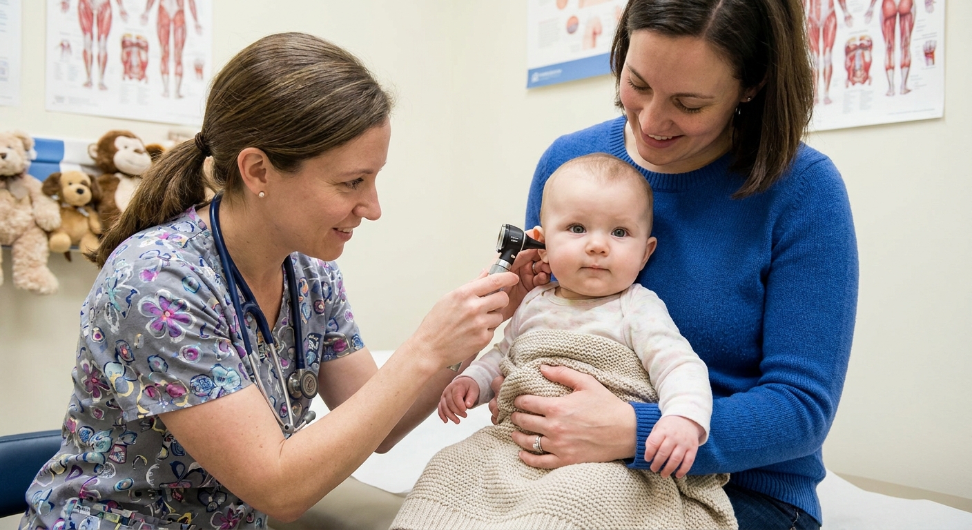 A clinician gently examining a baby’s ear with an otoscope in a pediatric clinic room, realistic documentary photo