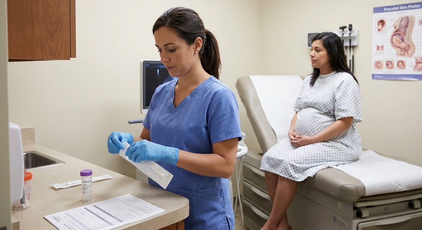 A clinician in a prenatal clinic preparing a swab kit while a pregnant patient sits on an exam table during a third-trimester visit, realistic photo