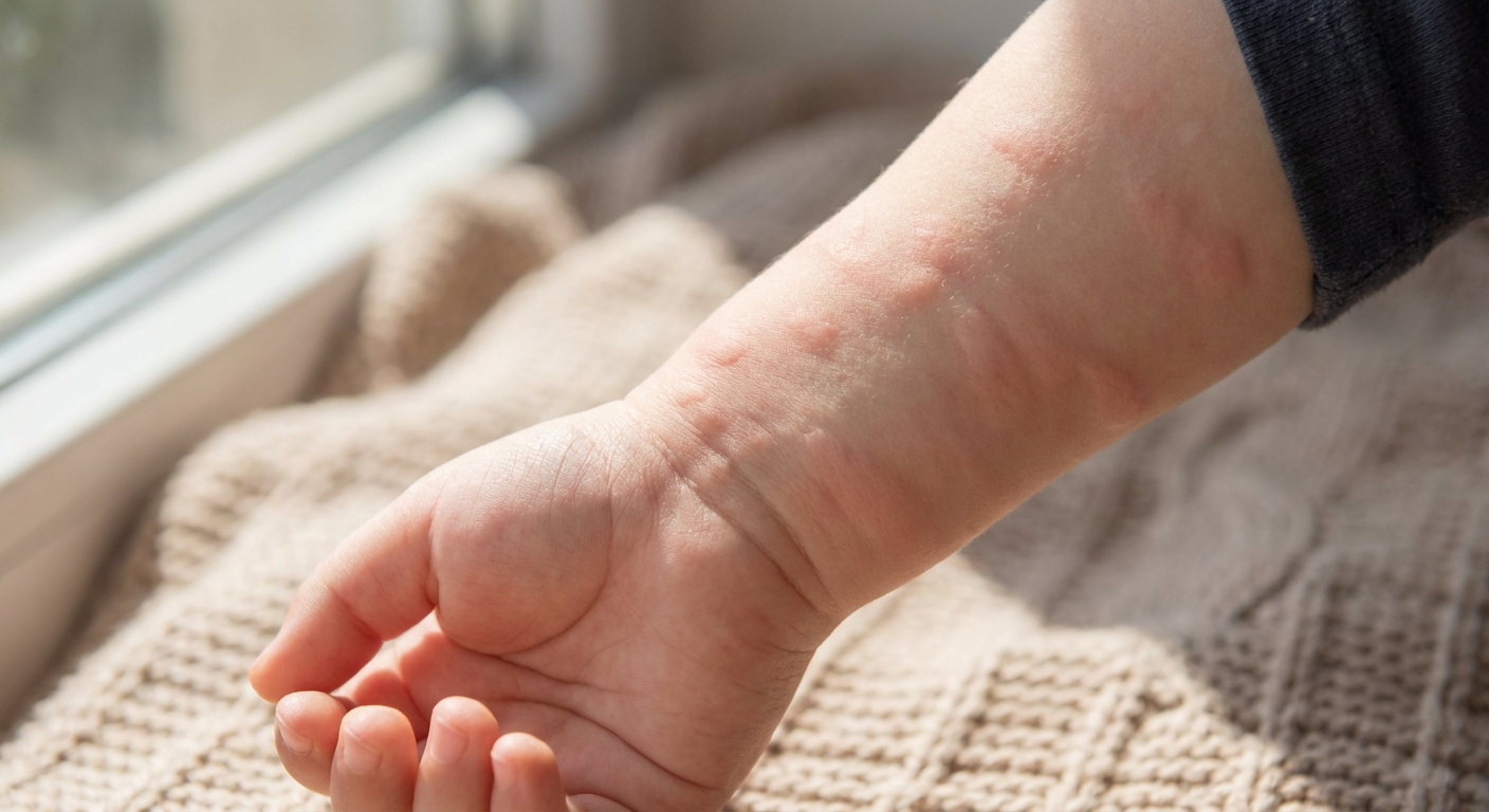 A close, realistic photograph of a toddler’s lower arm with several raised, pale pink welts typical of hives, taken in soft natural window light with a neutral indoor background