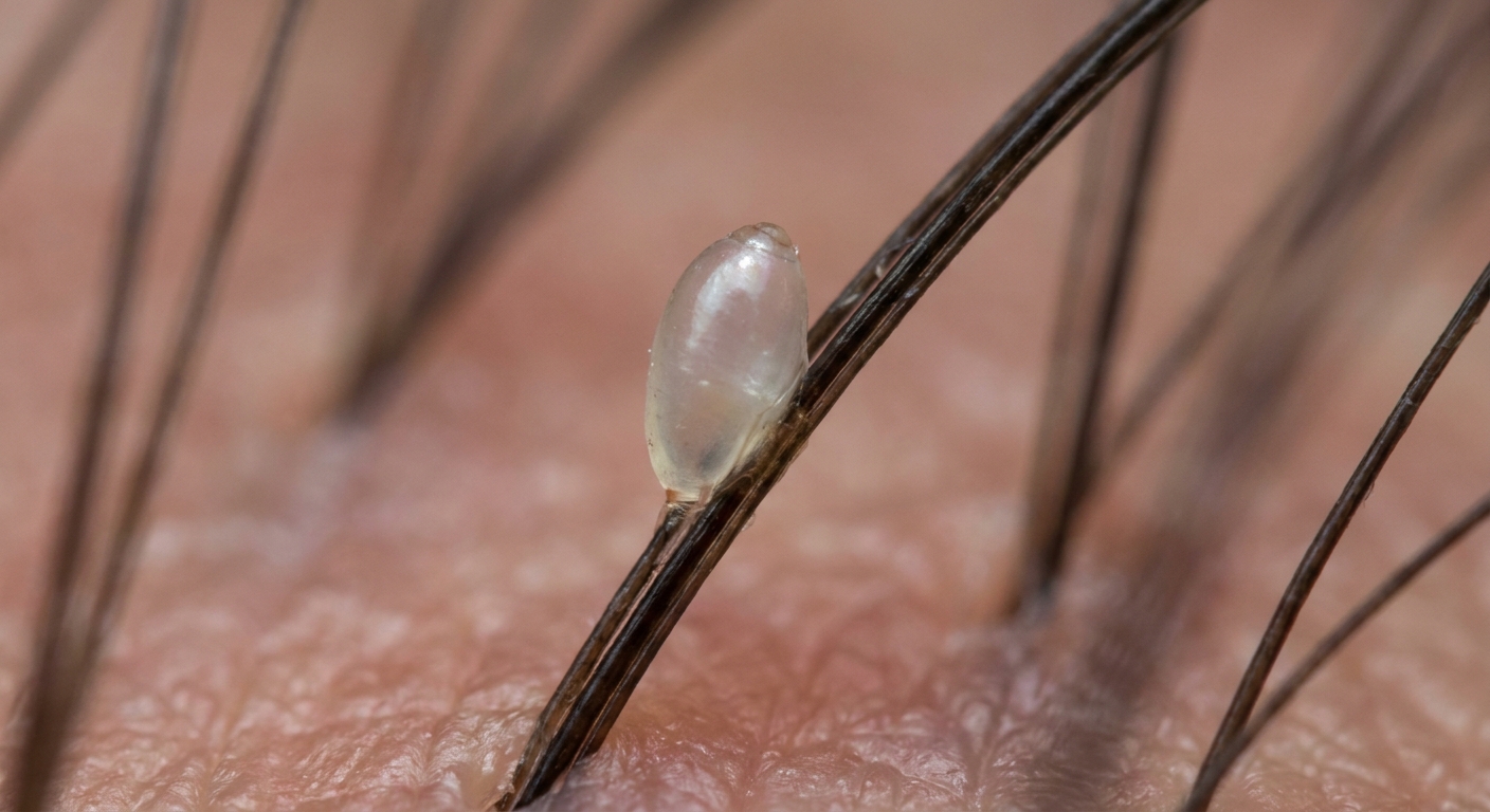 A close-up macro-style photo of a single nit attached to a strand of hair near the scalp