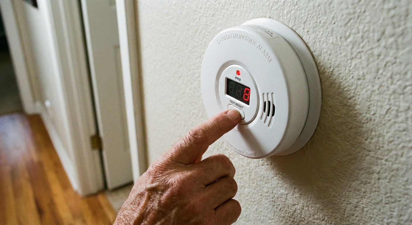 A close-up of an adult hand pressing the test button on a wall-mounted carbon monoxide alarm in a hallway, realistic indoor photo