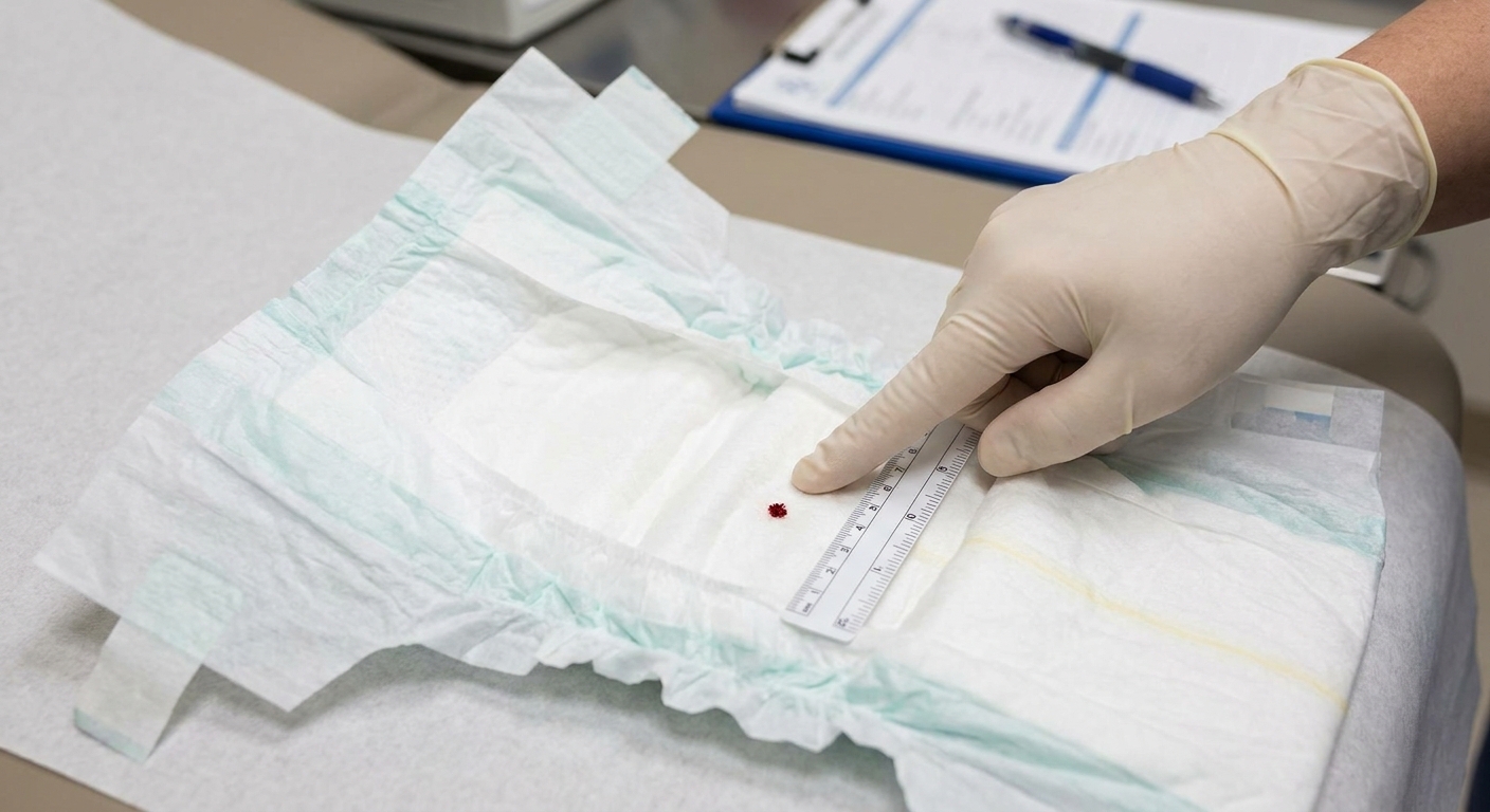 A close-up photo of a baby diaper showing a small but noticeable dark red blood spot, realistic clinical documentation style