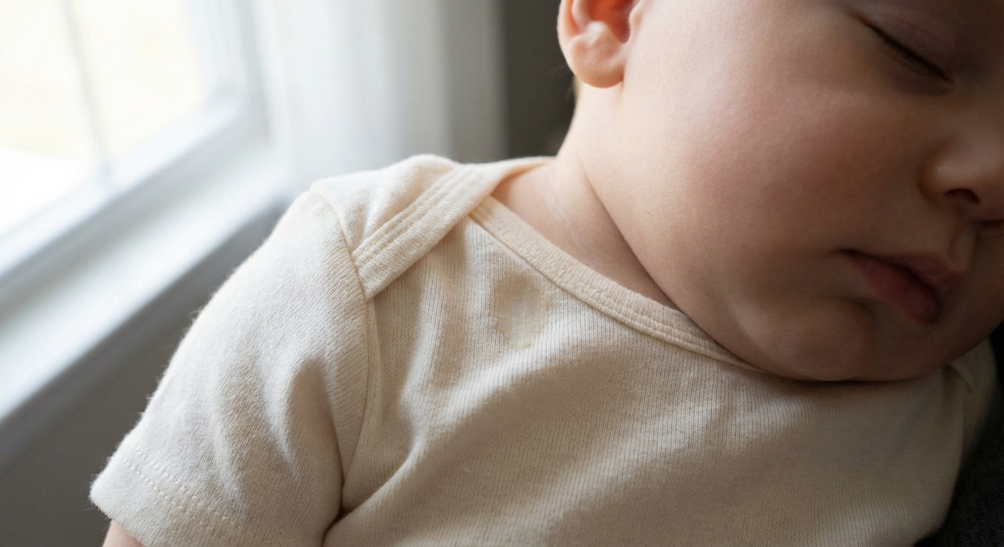A close-up photo of a baby wearing a cotton onesie with a small milky spit-up stain on the shoulder area, natural window light, realistic photo
