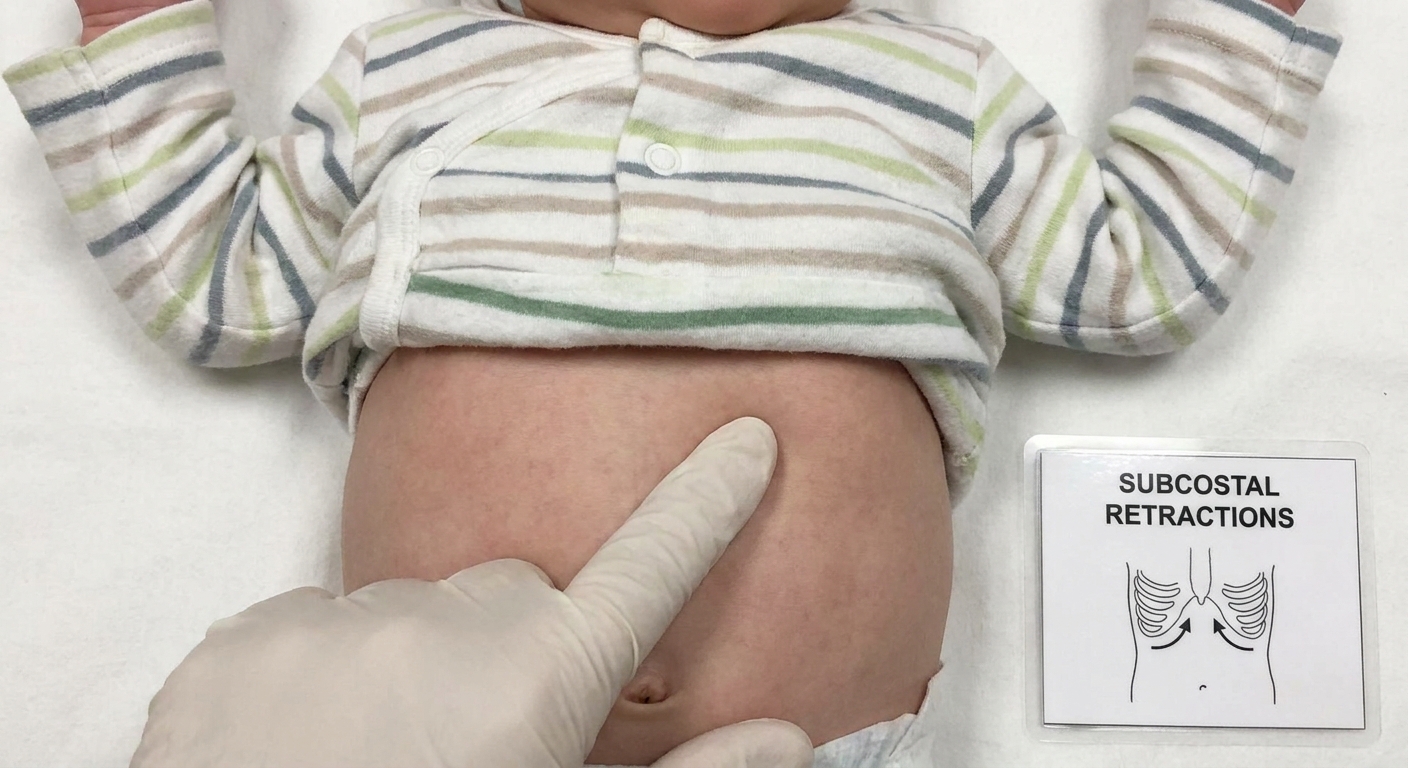A close-up photo of a baby’s torso during breathing showing visible pulling in under the ribcage, clinical educational style photo