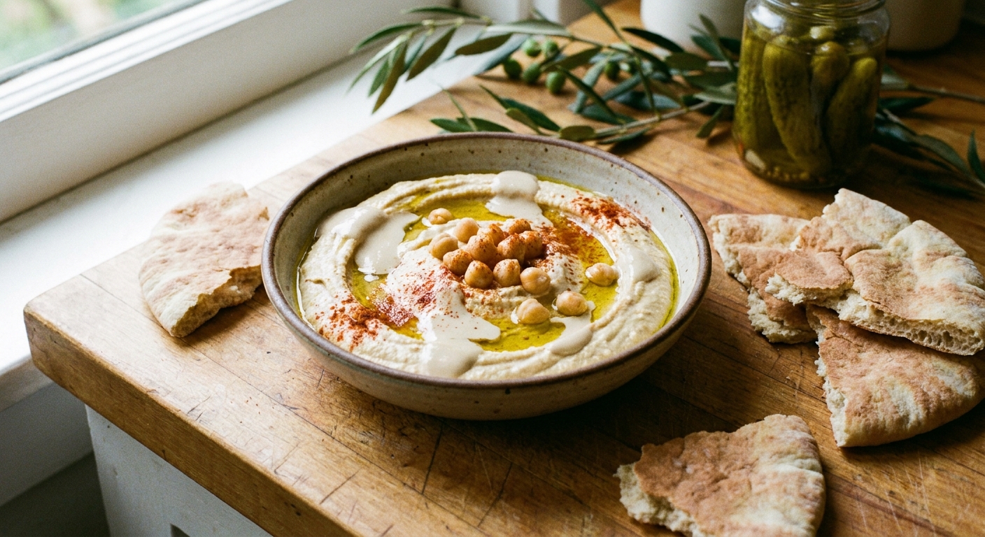 A close-up photo of a bowl of hummus on a kitchen counter with a drizzle of tahini on top and pita bread nearby, natural light