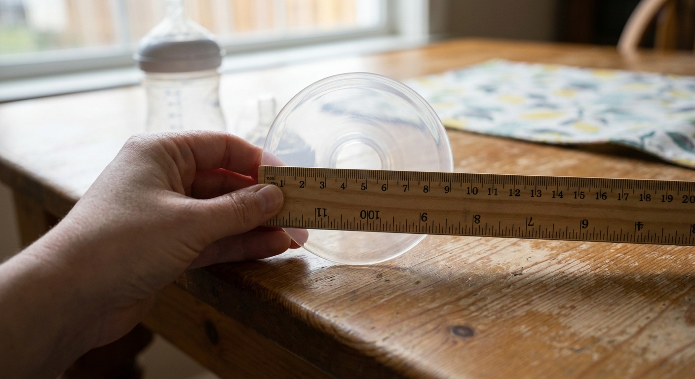 A close-up photo of a breast pump flange being held next to a measuring ruler on a table in a home setting, natural light, real photograph style