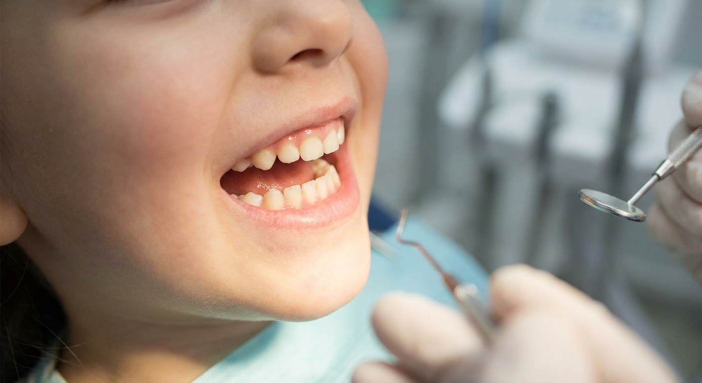 A close-up photo of a child smiling with a slightly open mouth showing back molars, natural dental photo style, soft clinical lighting
