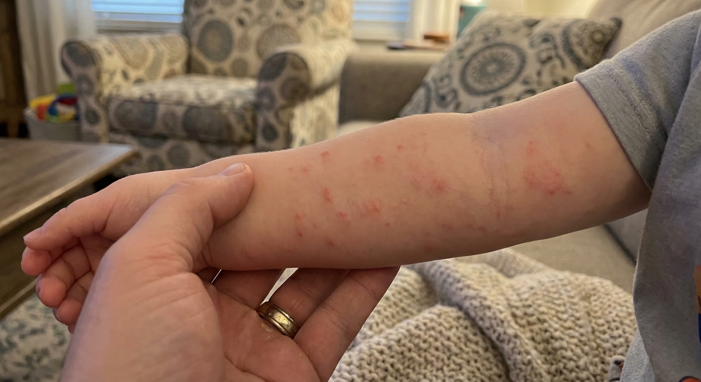 A close-up photo of a child’s forearm with raised red hives while a parent gently supports the arm in a home setting
