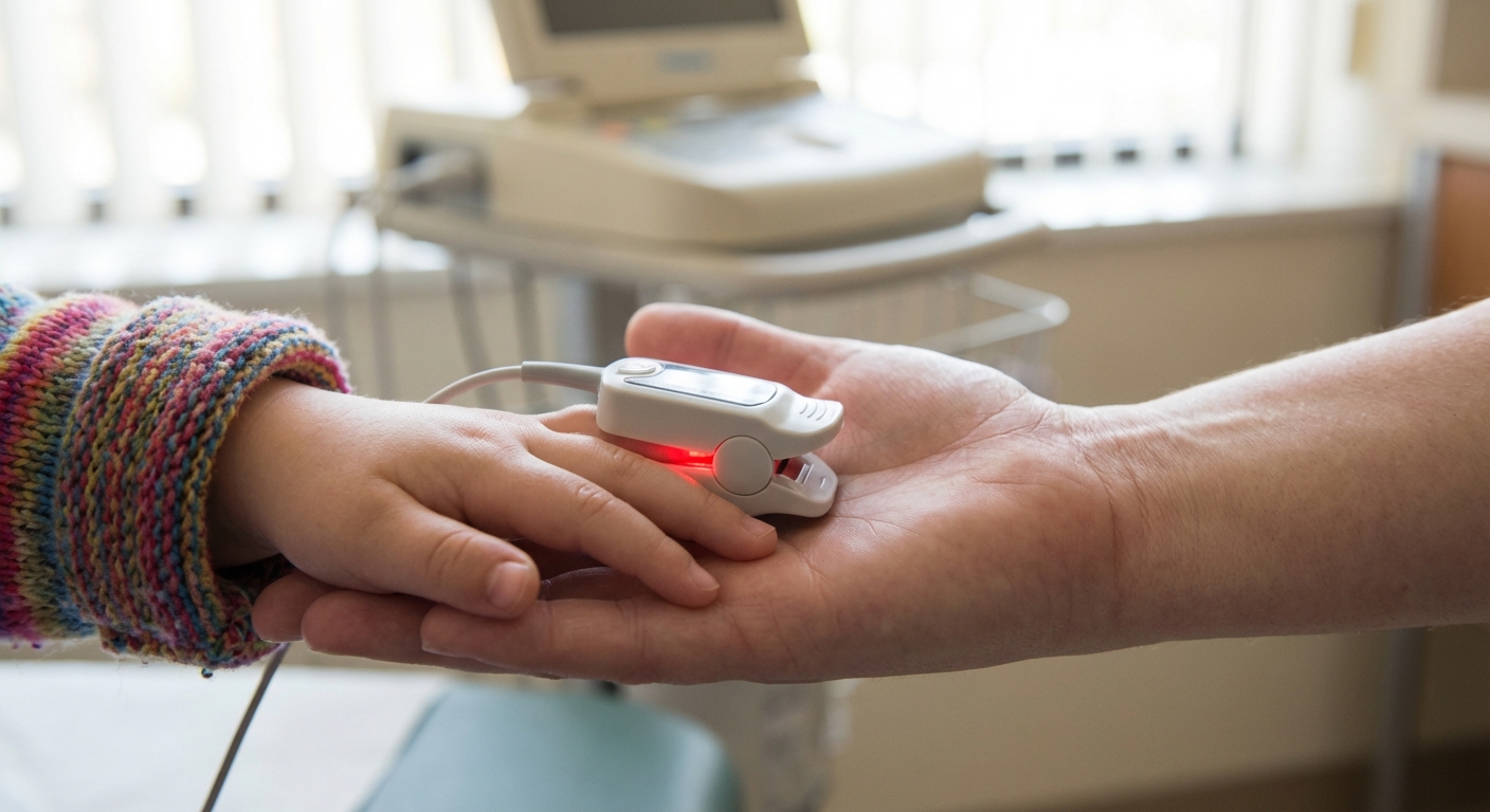 A close-up photo of a child’s hand resting on a parent’s palm with a pulse oximeter clipped to the child’s finger in a clinic setting, soft natural light