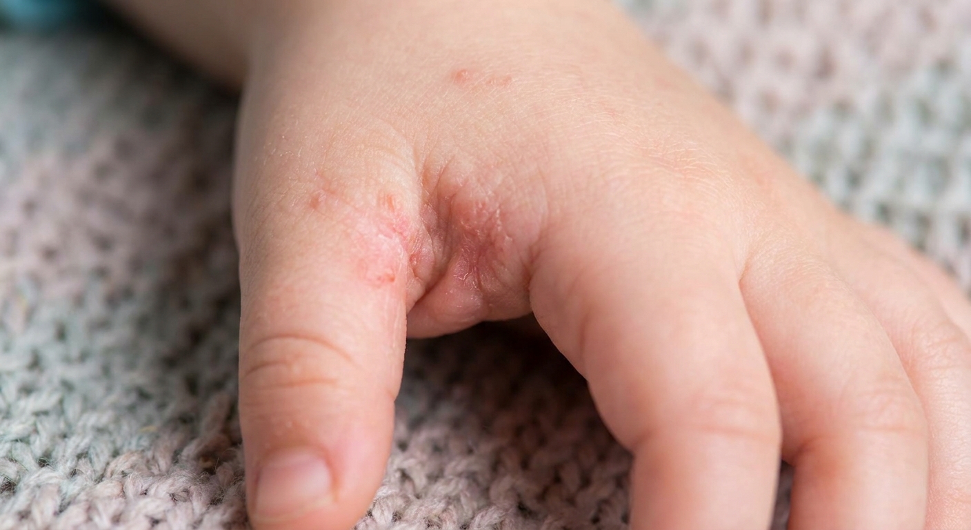 A close-up photo of a child’s hand showing small red bumps and mild irritation in the webbing between two fingers, realistic photo