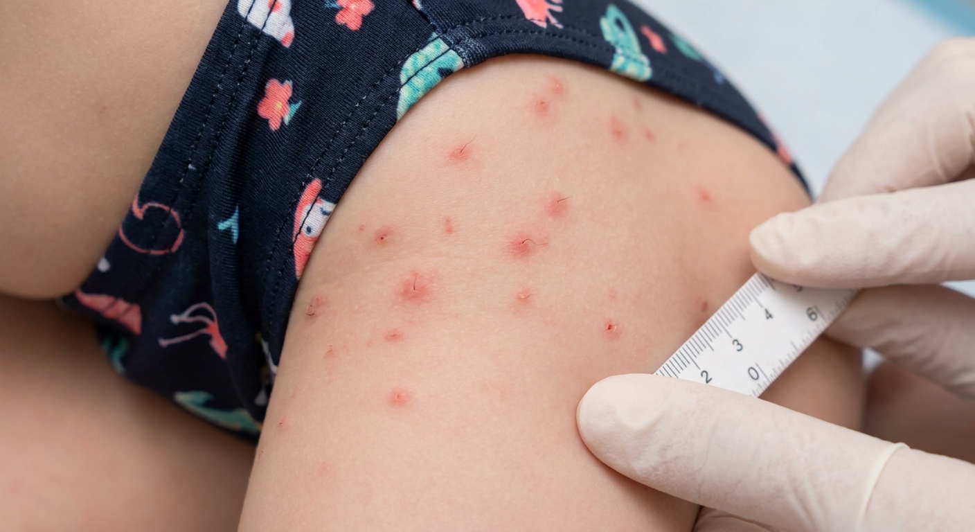 A close-up photo of a child’s hip and upper thigh showing multiple small red follicle-centered bumps along the swimsuit line, realistic clinical photo