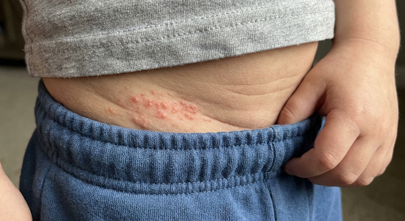 A close up photo of a child's lower torso showing small red itchy bumps clustered near an elastic waistband line, realistic skin texture