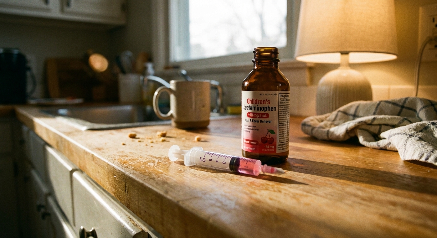 A close-up photo of a dosing syringe next to a bottle of children’s acetaminophen on a kitchen counter under warm light, photorealistic