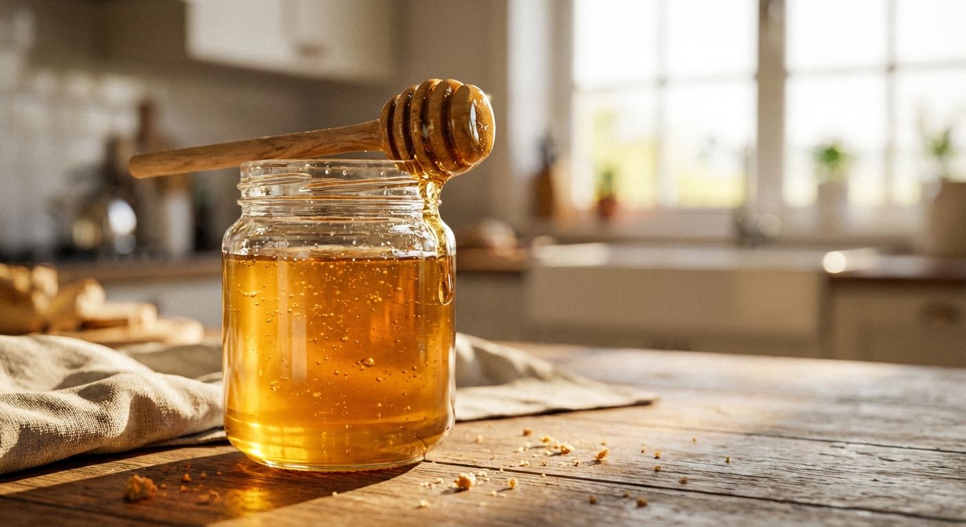 A close-up photo of a glass jar of honey on a kitchen counter with a wooden honey dipper resting on top, warm natural light, shallow depth of field