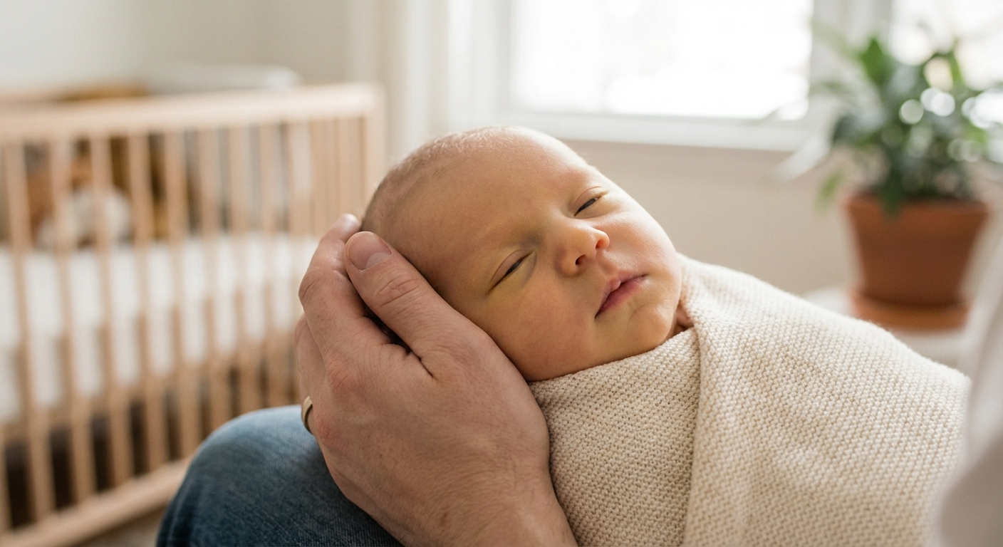 A close-up photo of a newborn’s face in soft natural light, with a parent’s hand gently supporting the baby, showing mild yellowing in the whites of the eyes, photorealistic medical lifestyle photography