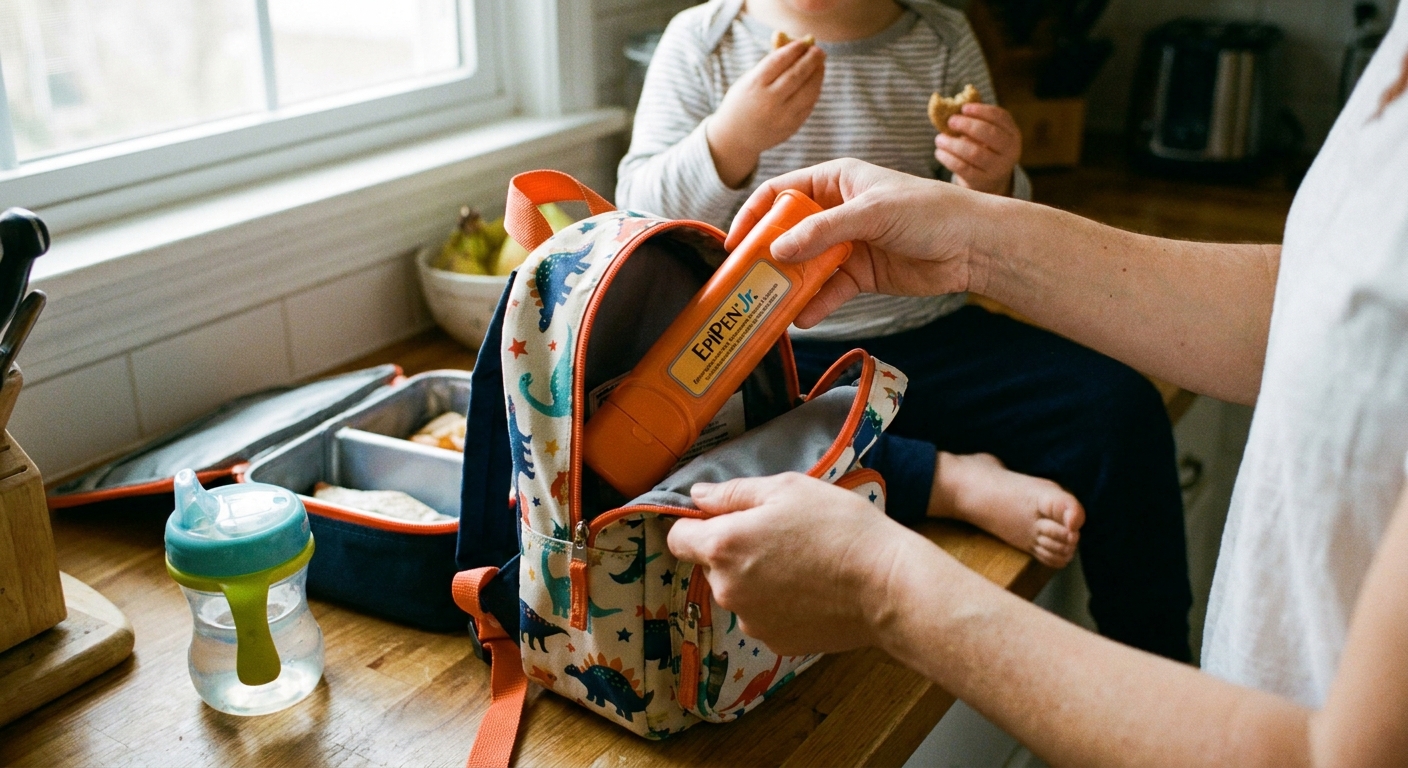 A close-up photo of a parent placing an epinephrine auto-injector case into a toddler's daycare backpack on a kitchen counter
