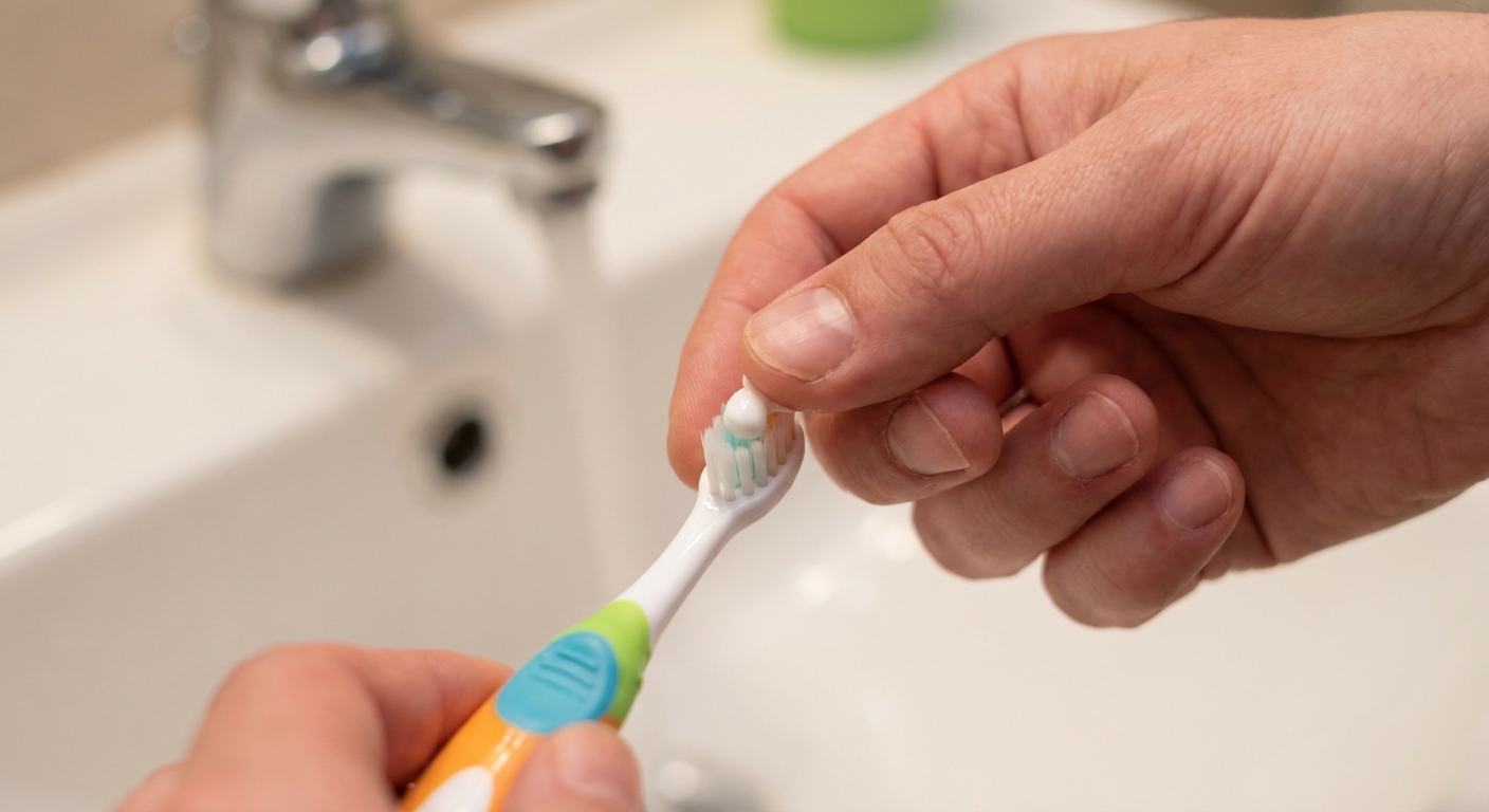 A close-up photo of a parent's hand applying a tiny rice-sized smear of toothpaste to a small baby toothbrush over a bathroom sink