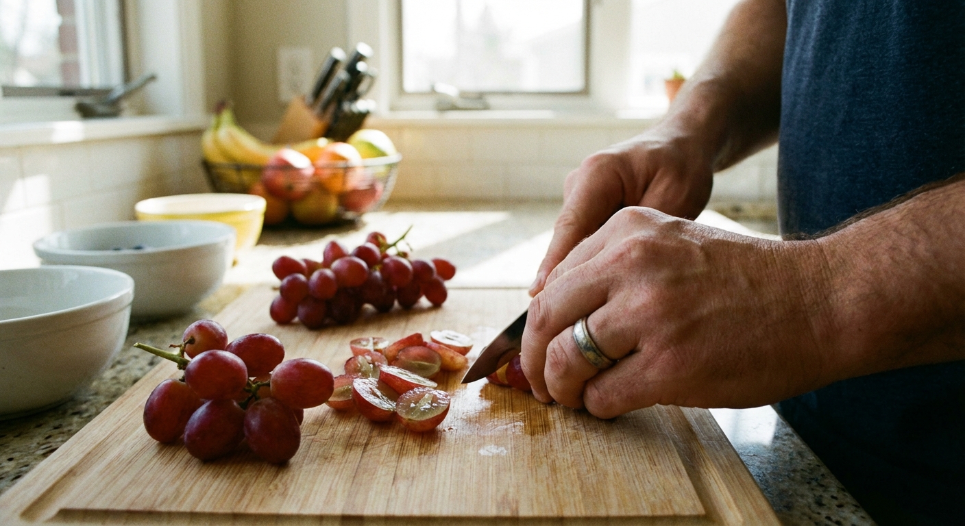 A close-up photo of a parent’s hands quartering red grapes lengthwise on a cutting board with a small paring knife, kitchen counter in the background