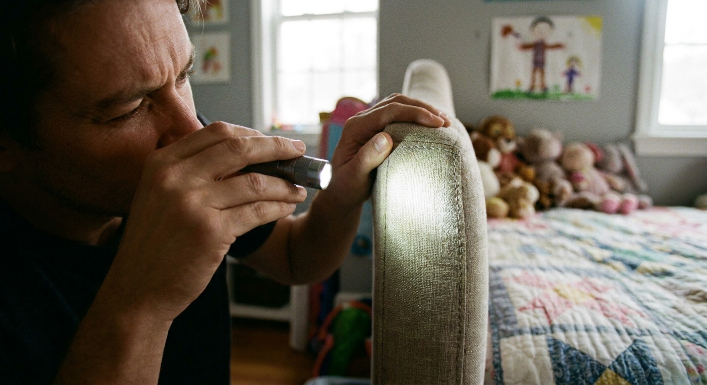 A close-up photo of a person inspecting seams of an upholstered headboard with a flashlight in a child’s bedroom