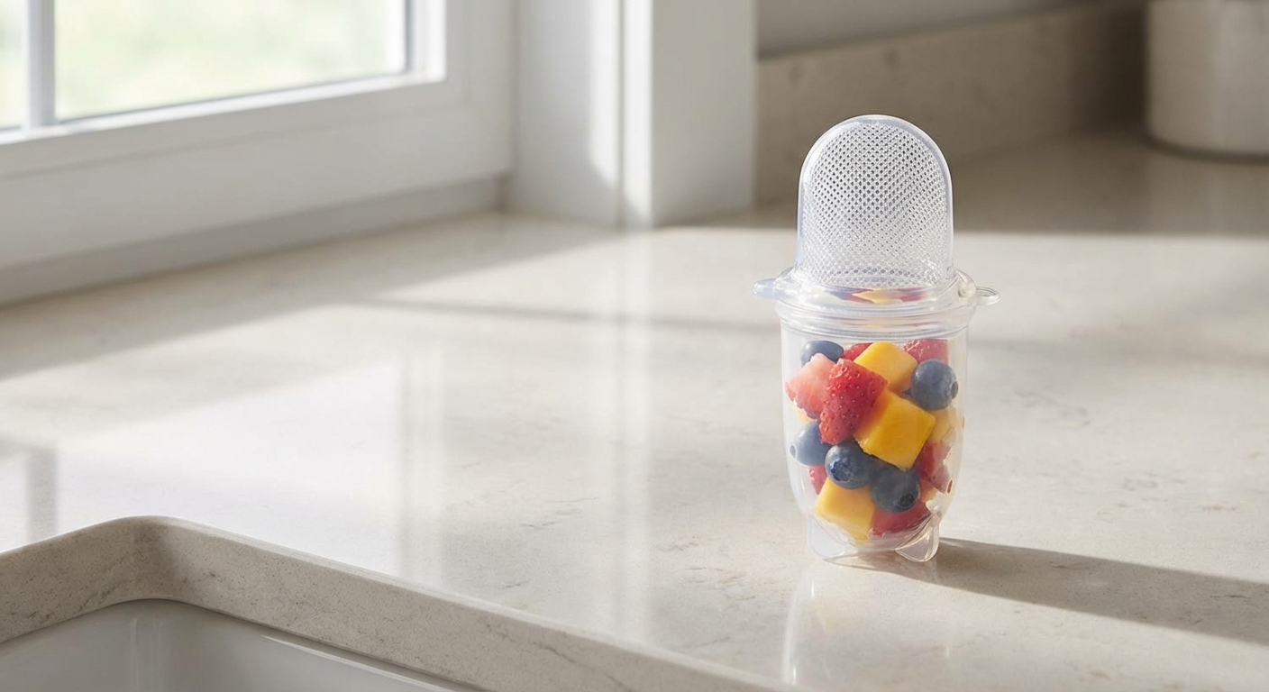 A close-up photo of a silicone baby feeder filled with small pieces of fruit resting on a clean kitchen counter, bright natural light, photorealistic