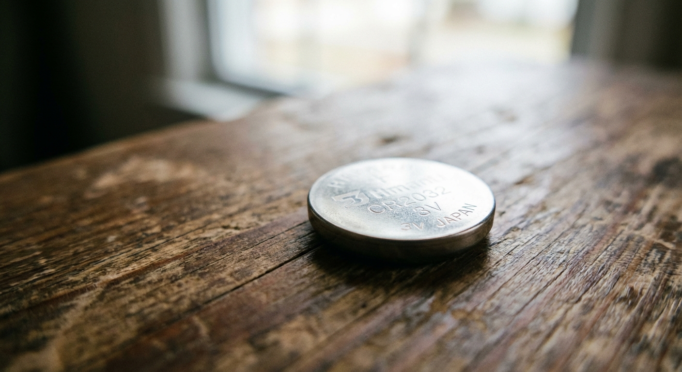 A close-up photo of a single button battery resting on a wooden tabletop with soft natural light, shallow depth of field