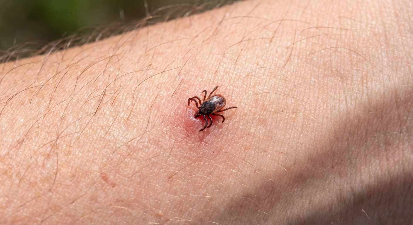 A close-up photo of a small blacklegged tick attached to human skin, outdoor natural light, clinical realistic detail