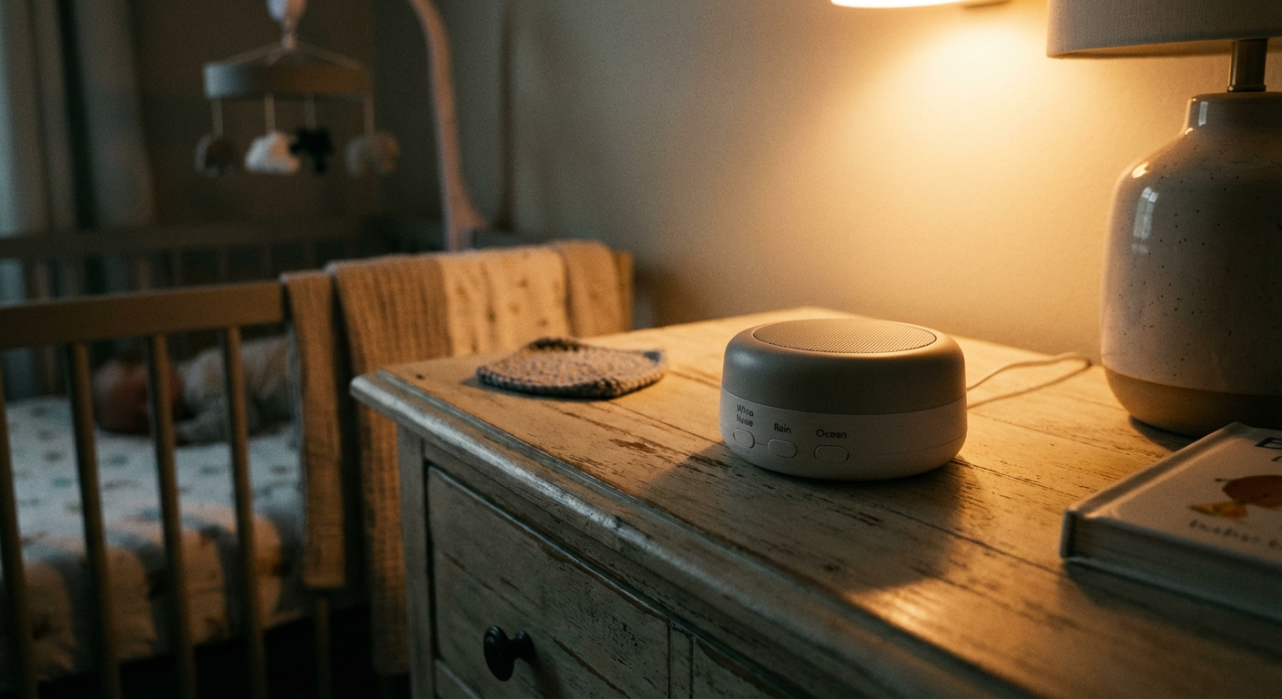 A close-up photo of a small sound machine on a wooden dresser in a nursery, with a dim nightlight glow and a crib softly out of focus in the background, realistic indoor photography