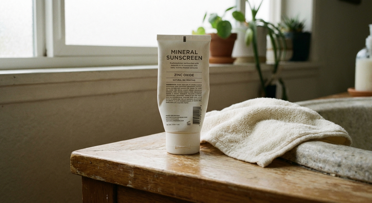 A close-up photo of a sunscreen tube labeled by appearance only as mineral sunscreen with zinc oxide listed on the back, sitting on a bathroom counter next to a baby washcloth, soft natural window light, photorealistic
