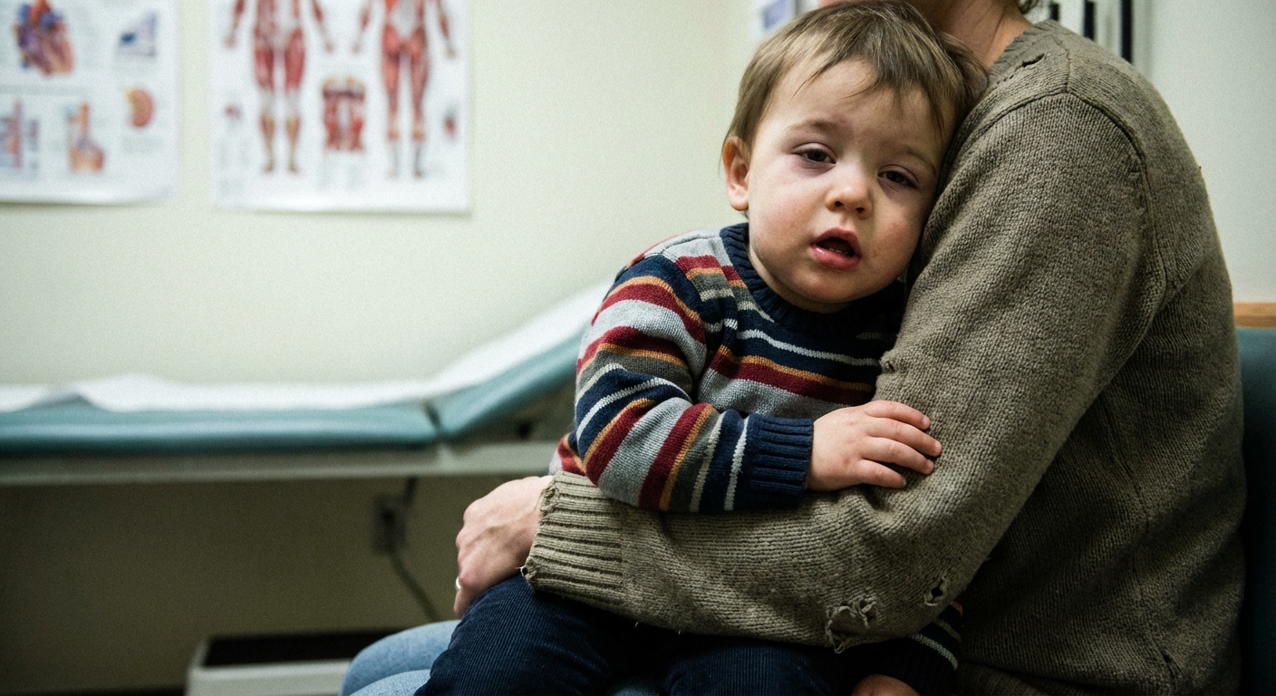 A close-up photo of a toddler sitting upright on a parent's lap, looking tired and breathing with mouth slightly open, in a pediatric clinic room, realistic documentary style