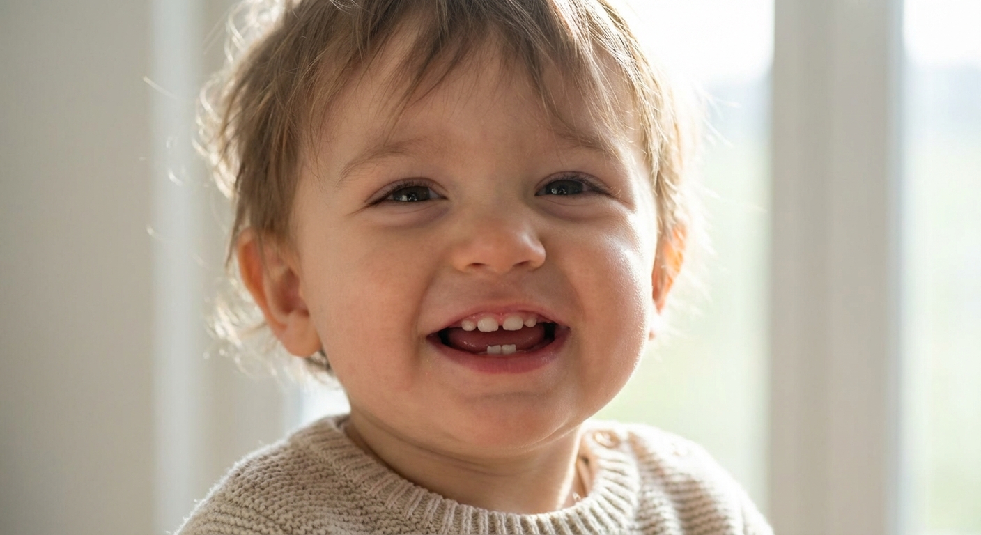A close-up photo of a toddler smiling with their mouth slightly open showing back baby teeth and gums, natural window light, photorealistic detail