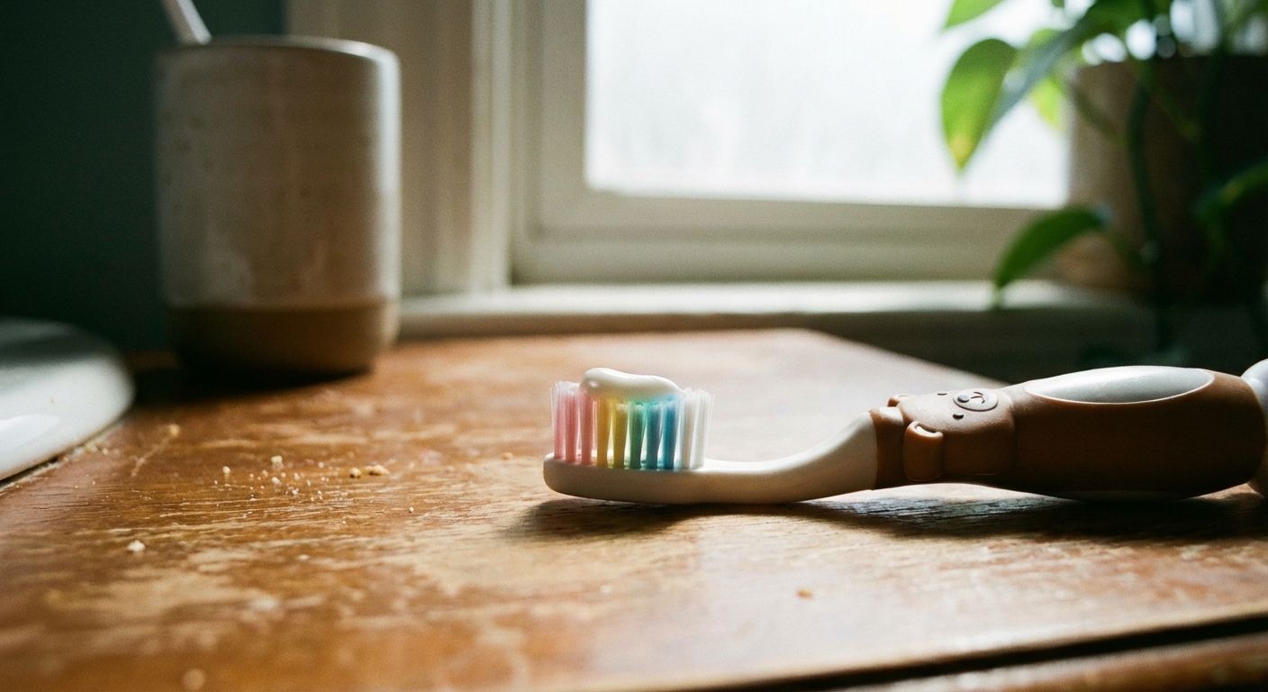 A close-up photo of a toddler toothbrush on a bathroom counter with a tiny smear of toothpaste on the bristles, natural morning light