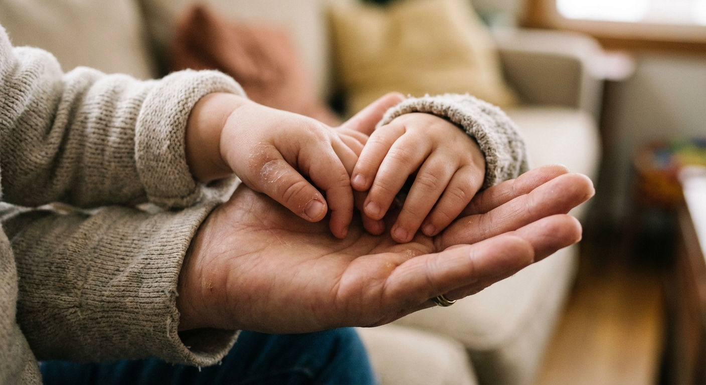 A close-up photo of a toddler's hands resting on a parent's palm, showing slightly dry skin around one thumb, soft natural light, realistic family photograph style