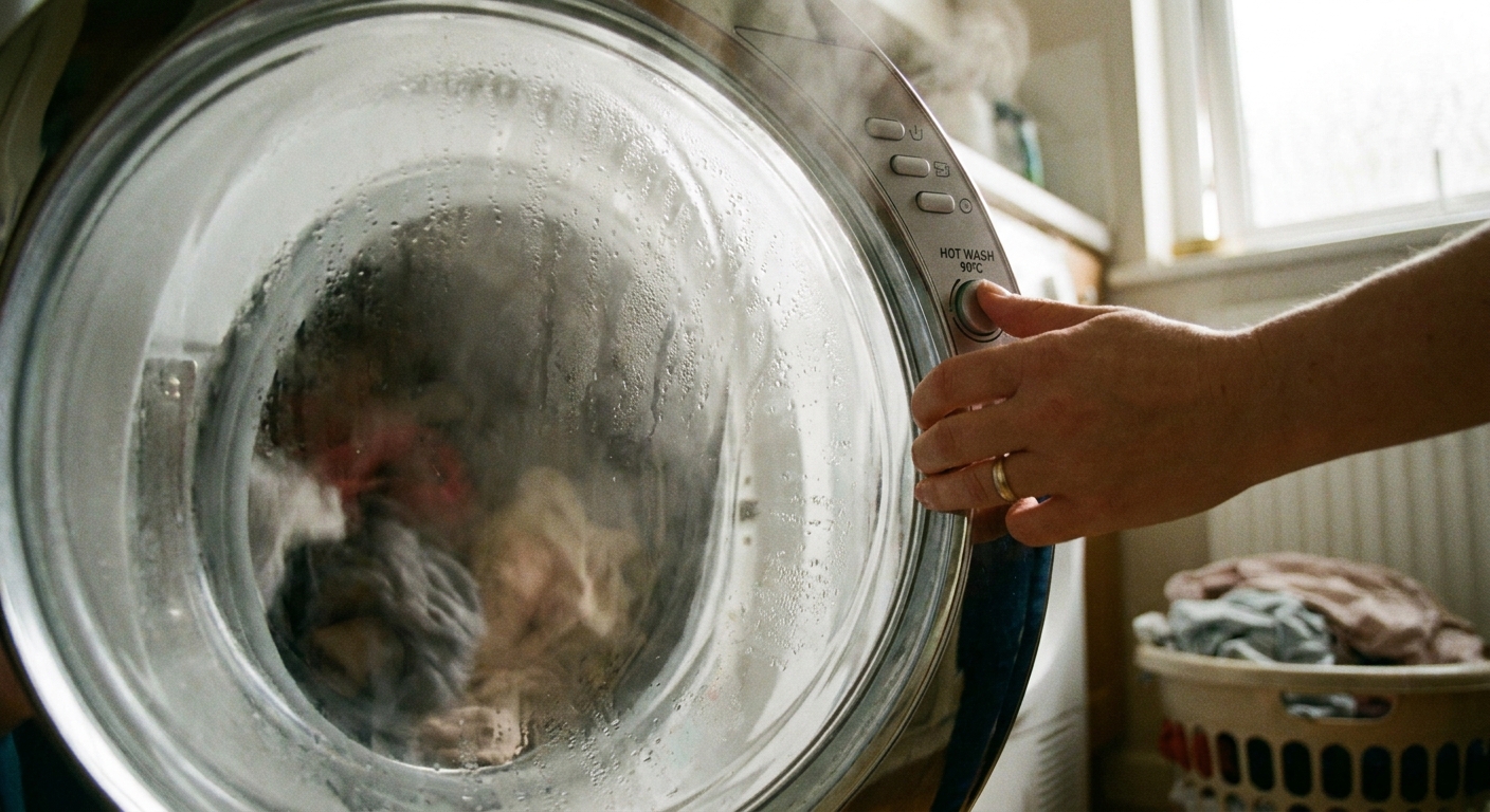A close-up photo of a washing machine door with warm steam-like condensation and a parent’s hand setting a hot wash cycle in a home laundry room