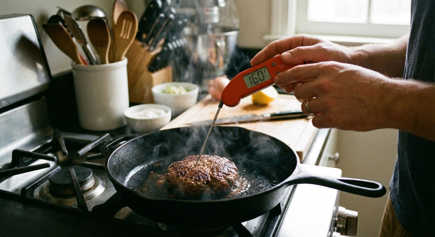 A close-up photo of an adult checking a hamburger patty with a digital food thermometer on a home kitchen stove, real-life photography