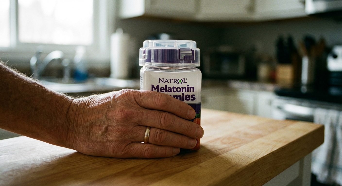 A close-up photo of an adult hand holding a child-resistant bottle of melatonin gummies on a kitchen counter, realistic lighting and shallow depth of field