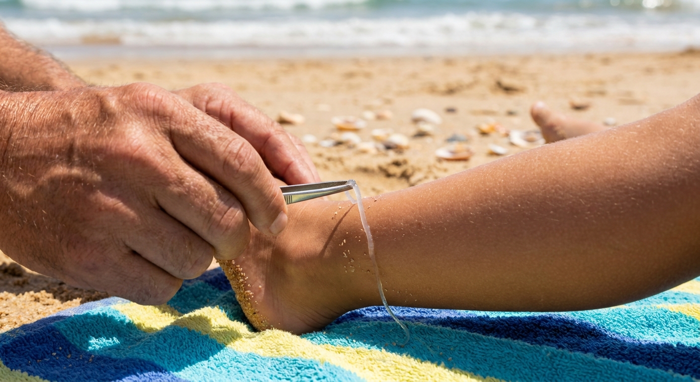 A close-up photo of an adult using clean tweezers to lift a small jellyfish tentacle from a child's ankle on a beach towel