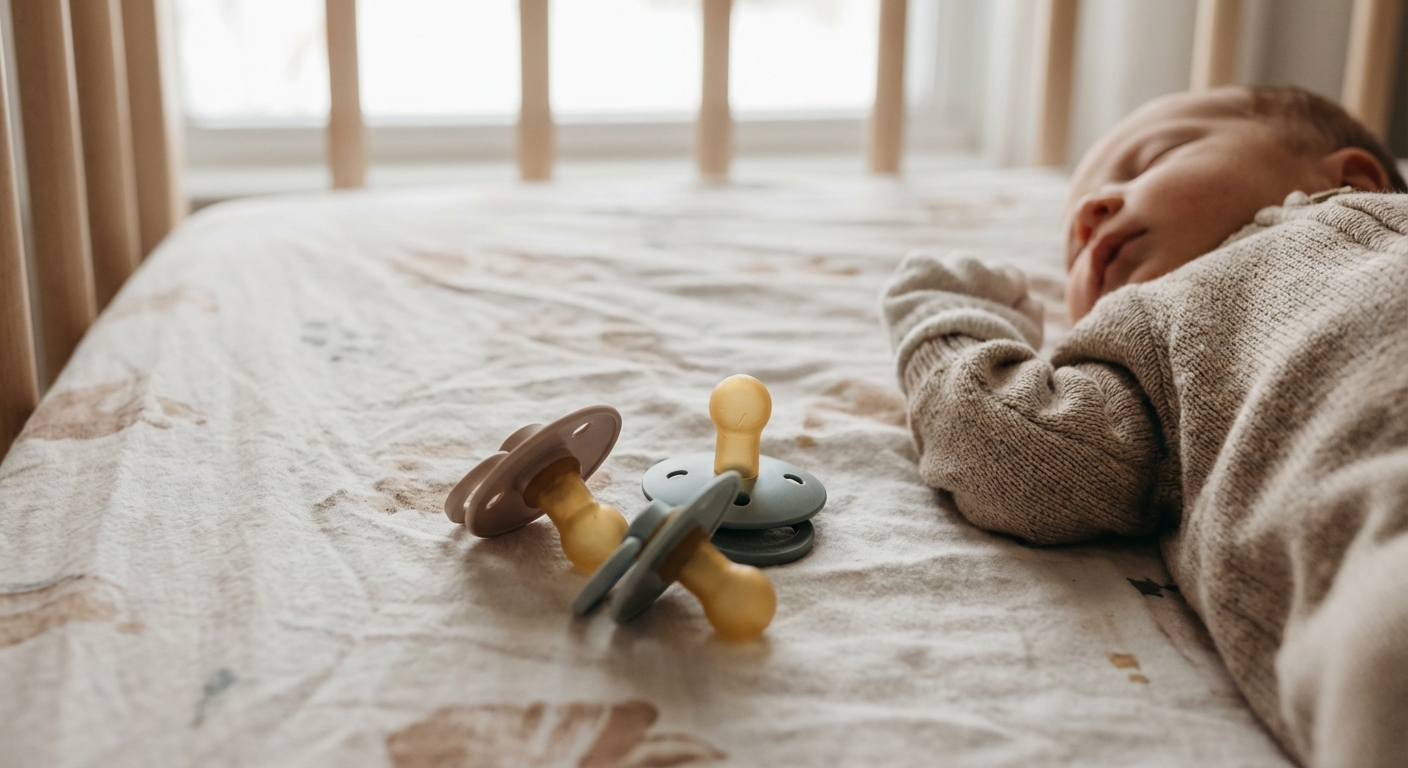 A close-up photo of several pacifiers placed on a crib mattress near a baby’s hands, soft natural lighting, photorealistic lifestyle photography