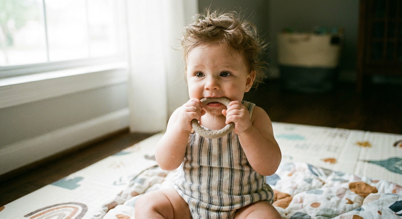 A close-up photograph of a baby sitting on a play mat holding and chewing a simple silicone teething ring, natural window light, candid lifestyle photo