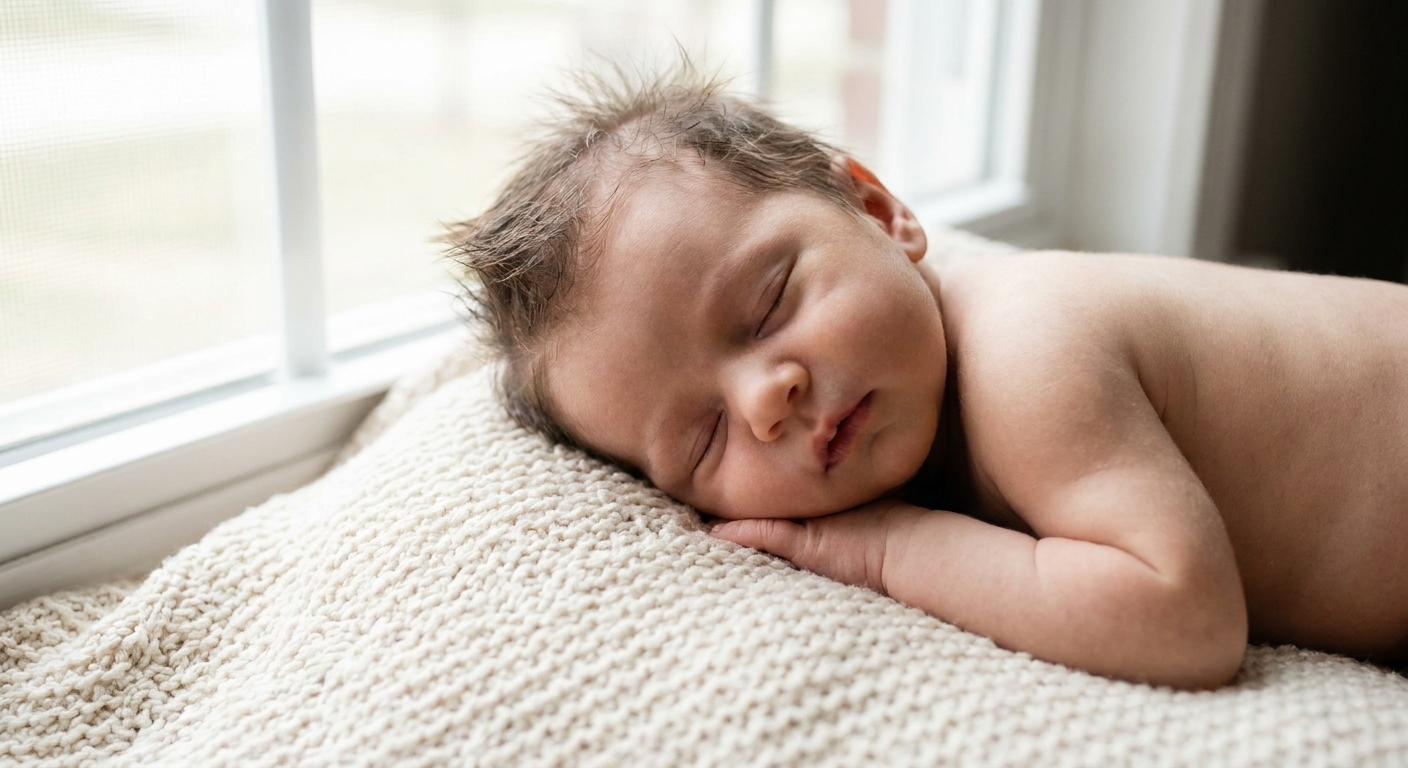 A close-up photograph of a calm newborn lying on a soft blanket with fine baby hair visible at the crown, natural window light