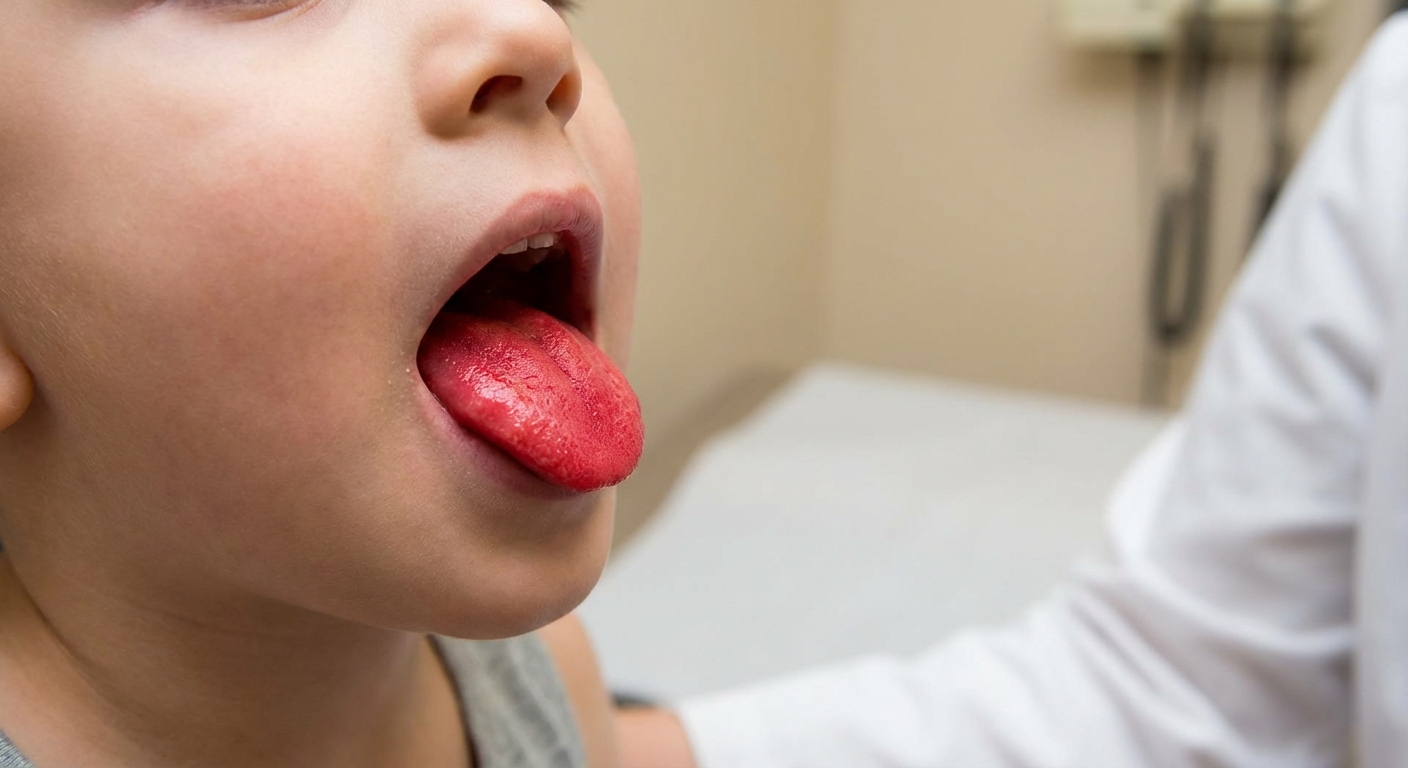 A close-up photograph of a child’s mouth slightly open showing a bright red tongue with prominent taste buds, taken in a neutral clinical setting with soft lighting, non-graphic