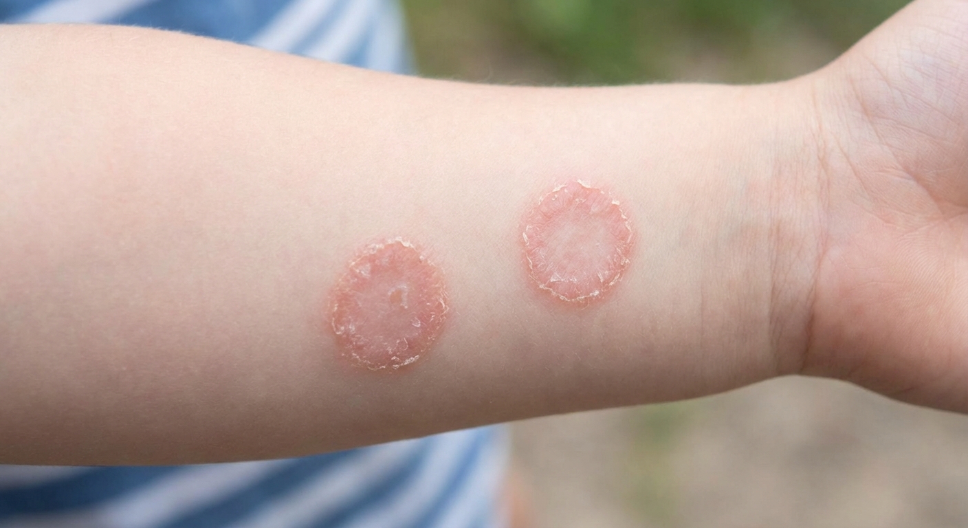 A close-up photograph of a child’s upper arm with two round scaly patches, each with a slightly raised border and mild redness, photographed in soft daylight
