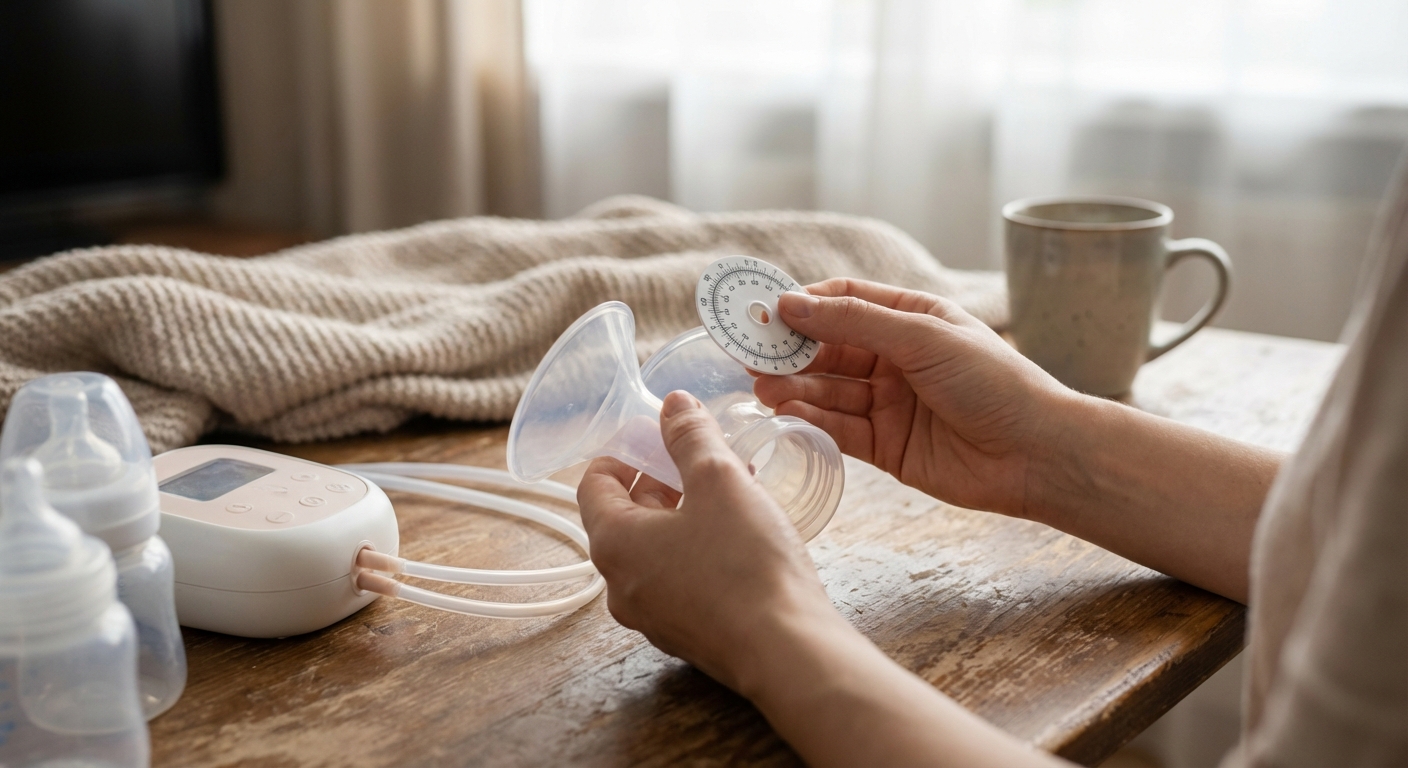 A close-up photograph of a hands holding breast pump flanges and measuring tool on a table next to a breast pump, neutral indoor lighting, photorealistic product lifestyle