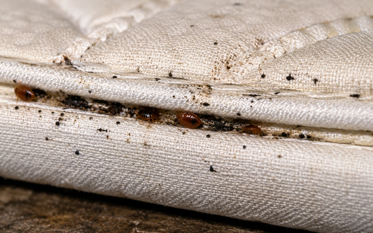 A close-up photograph of a mattress seam with small dark specks and a few tiny shed insect skins near the stitching, realistic photo