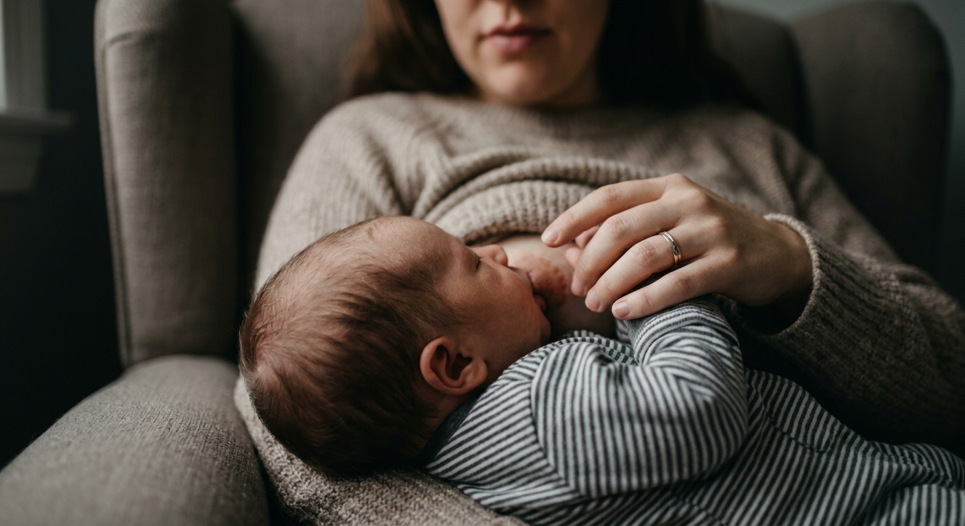 A close-up photograph of a newborn baby nursing at the breast, with the baby’s lips flanged outward and a calm parent holding the baby